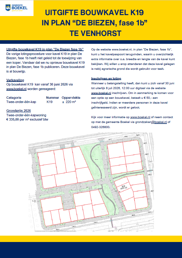 uitgifte bouwgrond K19 plan De Biezen fase 1b